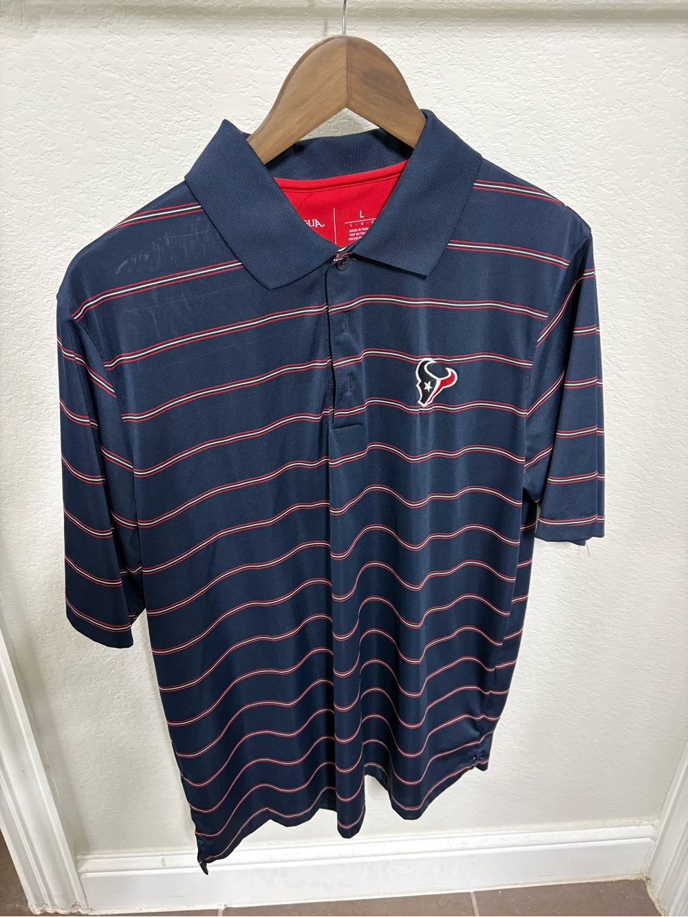 Antigua Houston Texans Navy Polo with Red Pinstripes